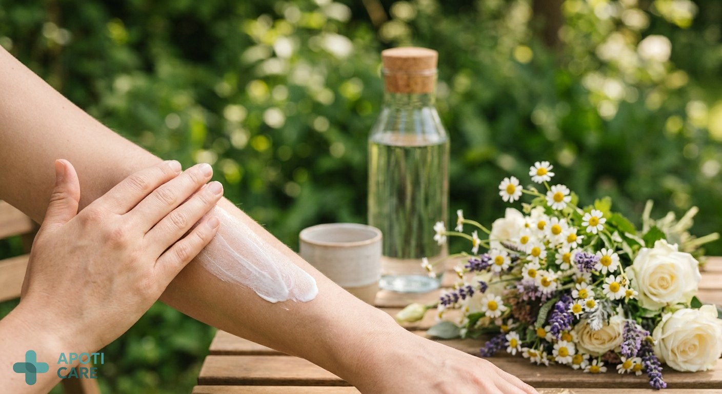 Close-up of a person applying sunscreen on their arm in a lush green garden, with a bottle of mineral water and a bouquet of spring flowers nearby.