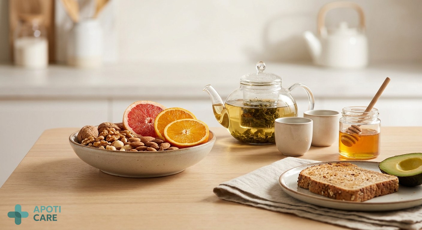 Close-up of a healthy, vibrant breakfast with green tea, citrus fruits, and nuts on a wooden table, symbolizing antioxidant-rich nutrition.