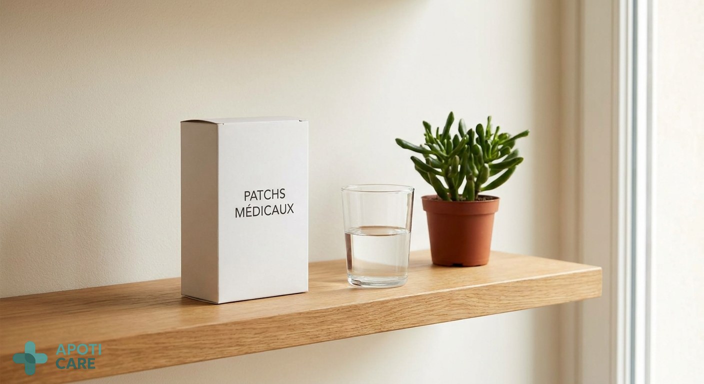Close up of a minimalist skincare shelf with a box of medical patches, a glass of water, and a small green plant, professional and clean aesthetic