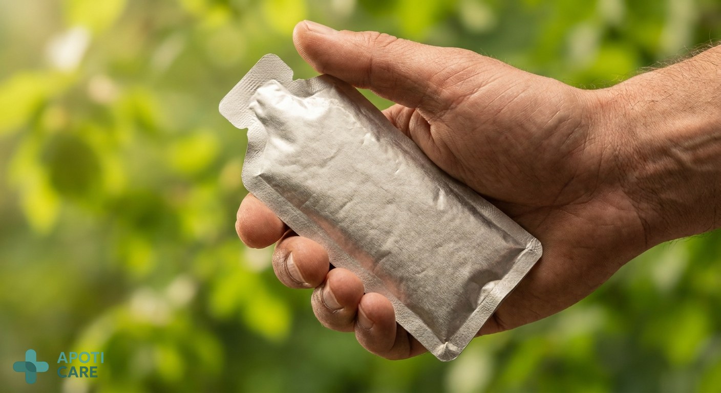 Close up of a runner's hand holding a small energy gel pouch against a background of green spring leaves, focus on the texture of the packaging.