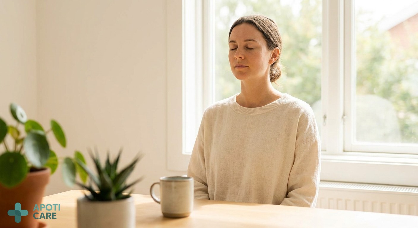 A close-up of a person practicing slow breathing in a sun-drenched room, minimalist environment, focus on the calm expression and relaxed posture, warm summer lighting
