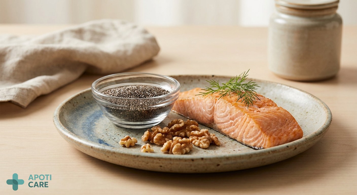 Close-up of healthy food rich in omega-3, such as walnuts, chia seeds, and a piece of high-quality salmon on a ceramic plate, minimalist and elegant lighting.