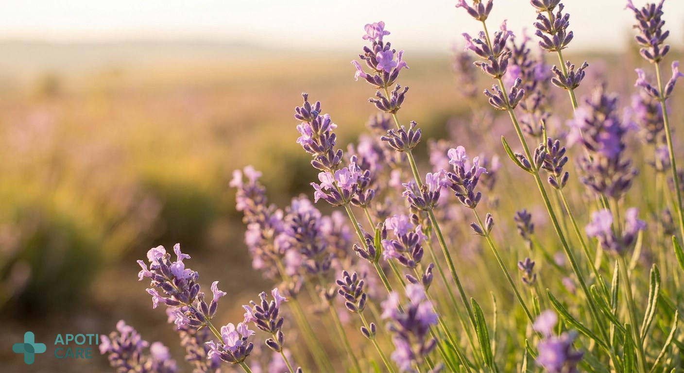 Close-up of lavender flowers in a field with a blurred background, soft natural lighting, high quality photography