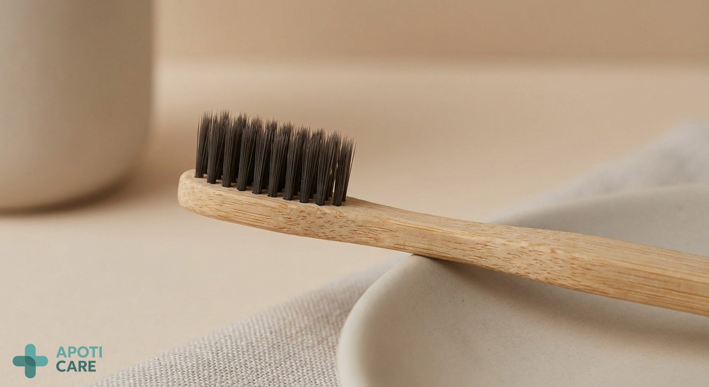Close-up of a high-quality bamboo toothbrush showing the fine, charcoal-infused bristles and the natural grain of the wood, professional lighting