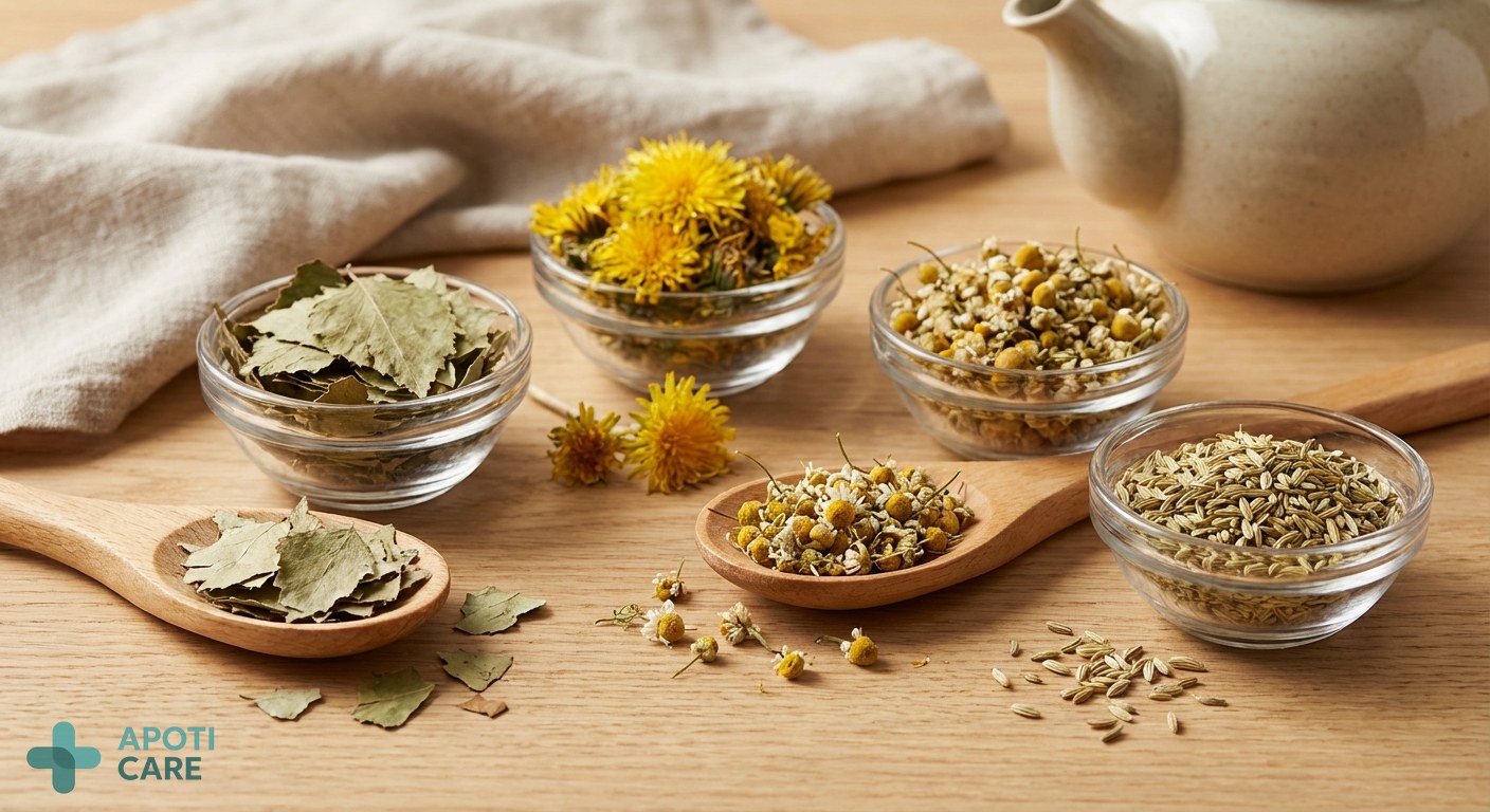 Detailed shot of natural herbal tea ingredients like birch leaves and dandelion flowers on a clean wooden surface