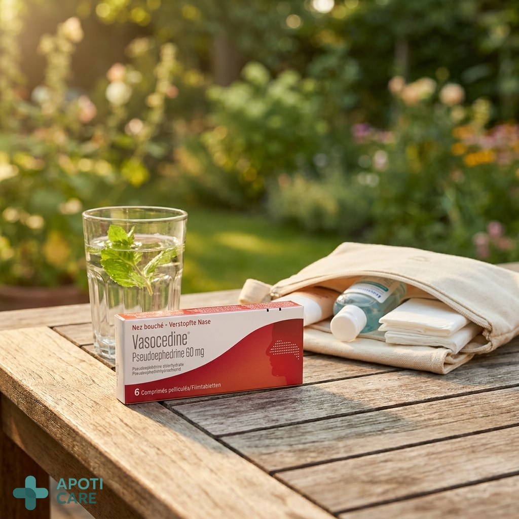 Close-up of a refreshing glass of water with mint and a travel kit on a wooden table, blurred summer garden background, realistic photography style