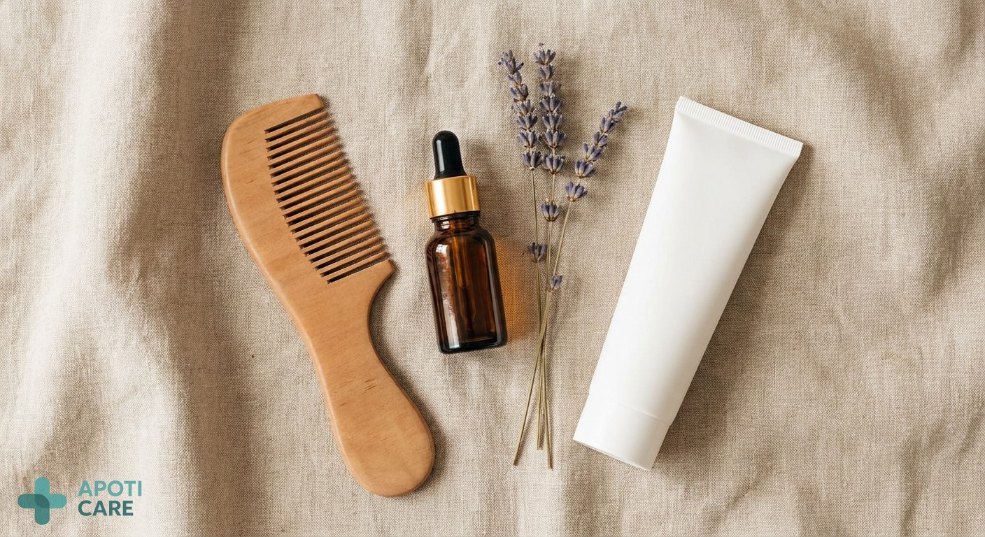 A flat lay of wellness items: a wooden comb, a bottle of essential oil, a sprig of dried lavender, and a white cream tube on a linen cloth
