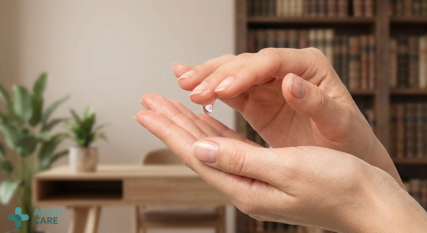 Close-up of clean, hydrated hands applying a drop of clear gel, with a blurred background of a modern office or a historical library.