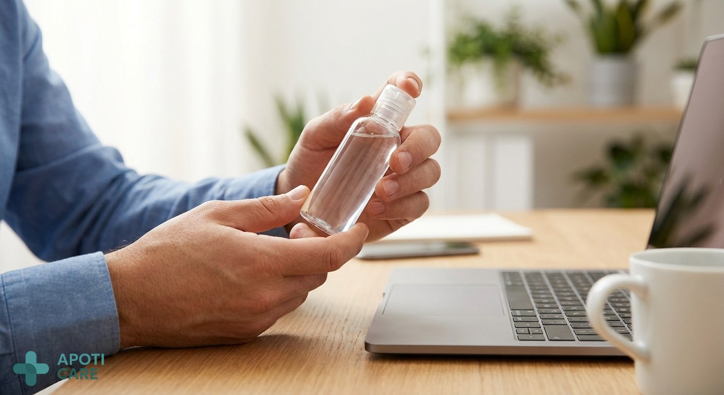Close-up of professional hands using a small bottle of hand sanitizer in a modern office setting with a laptop and a coffee mug nearby.