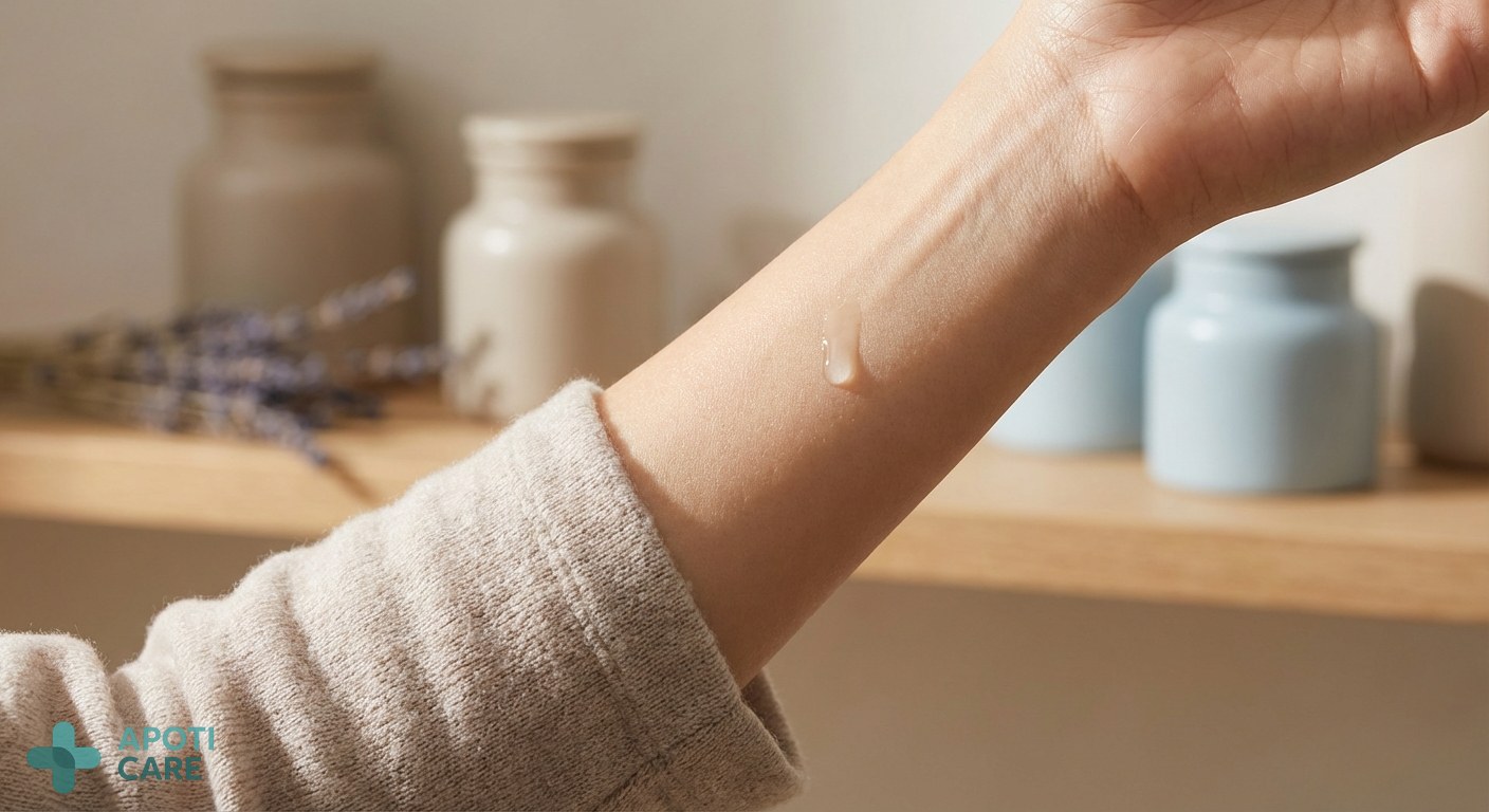 Close-up of healthy, hydrated skin on a forearm, soft natural morning light, emphasizing a feeling of relief and protection, realistic photography style