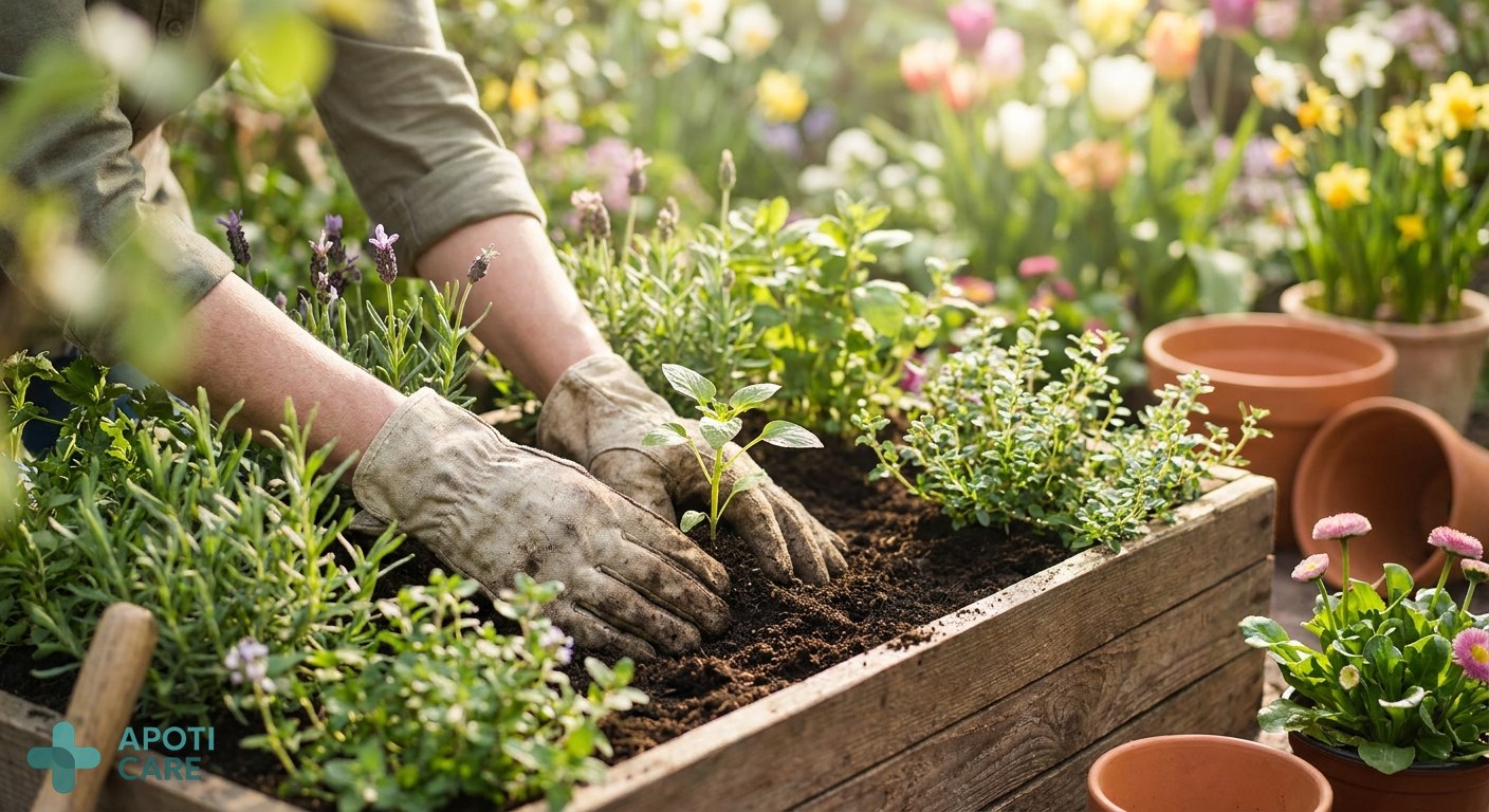 Close-up of a person's hands gardening in a beautiful spring garden, focus on the interaction with plants and soil.