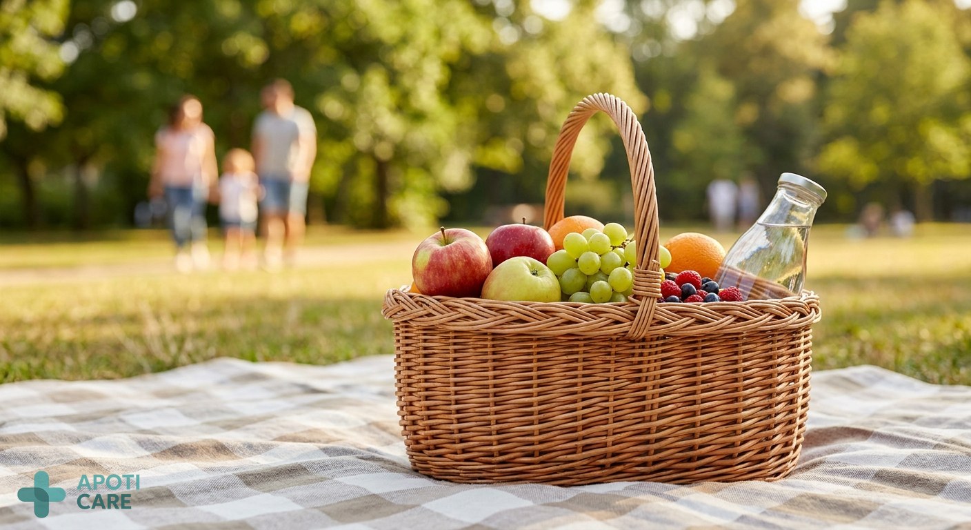 A healthy outdoor picnic basket with fresh fruits and water, blur background of a park, professional high-quality lifestyle photography