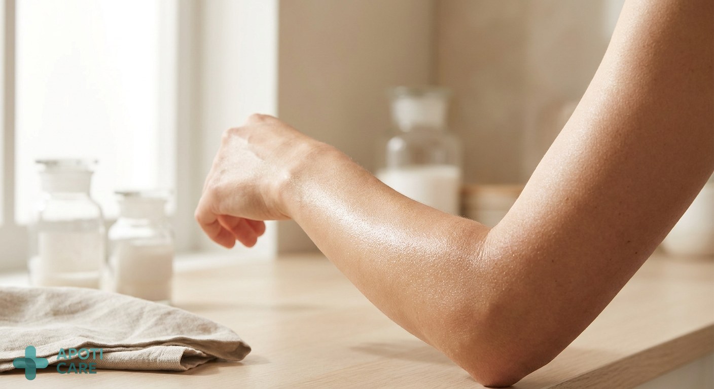 Close-up of healthy, hydrated skin on a forearm, with soft natural light, symbolizing recovery and dermatological health.