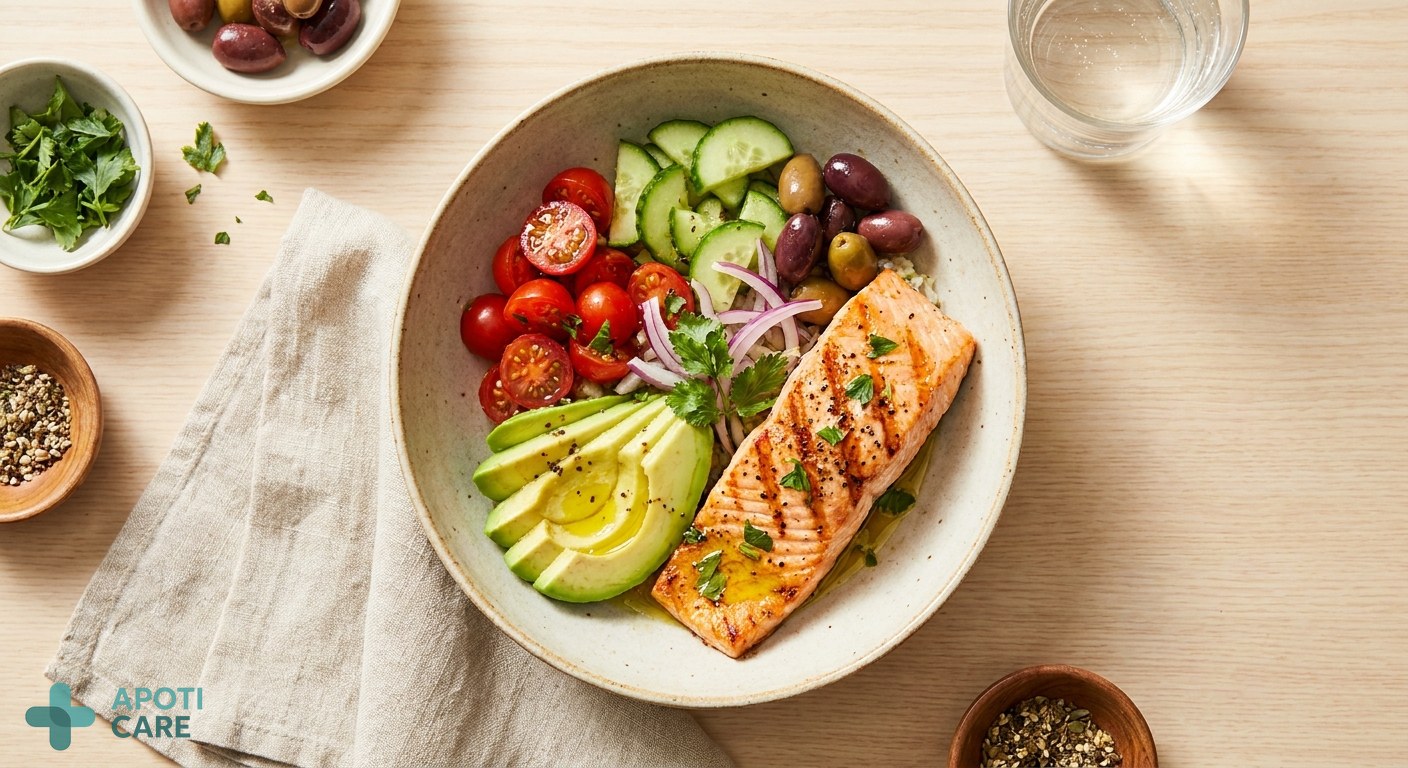 A healthy bowl of Mediterranean food including fatty fish, avocado, and colorful vegetables, top-down view, bright natural lighting.