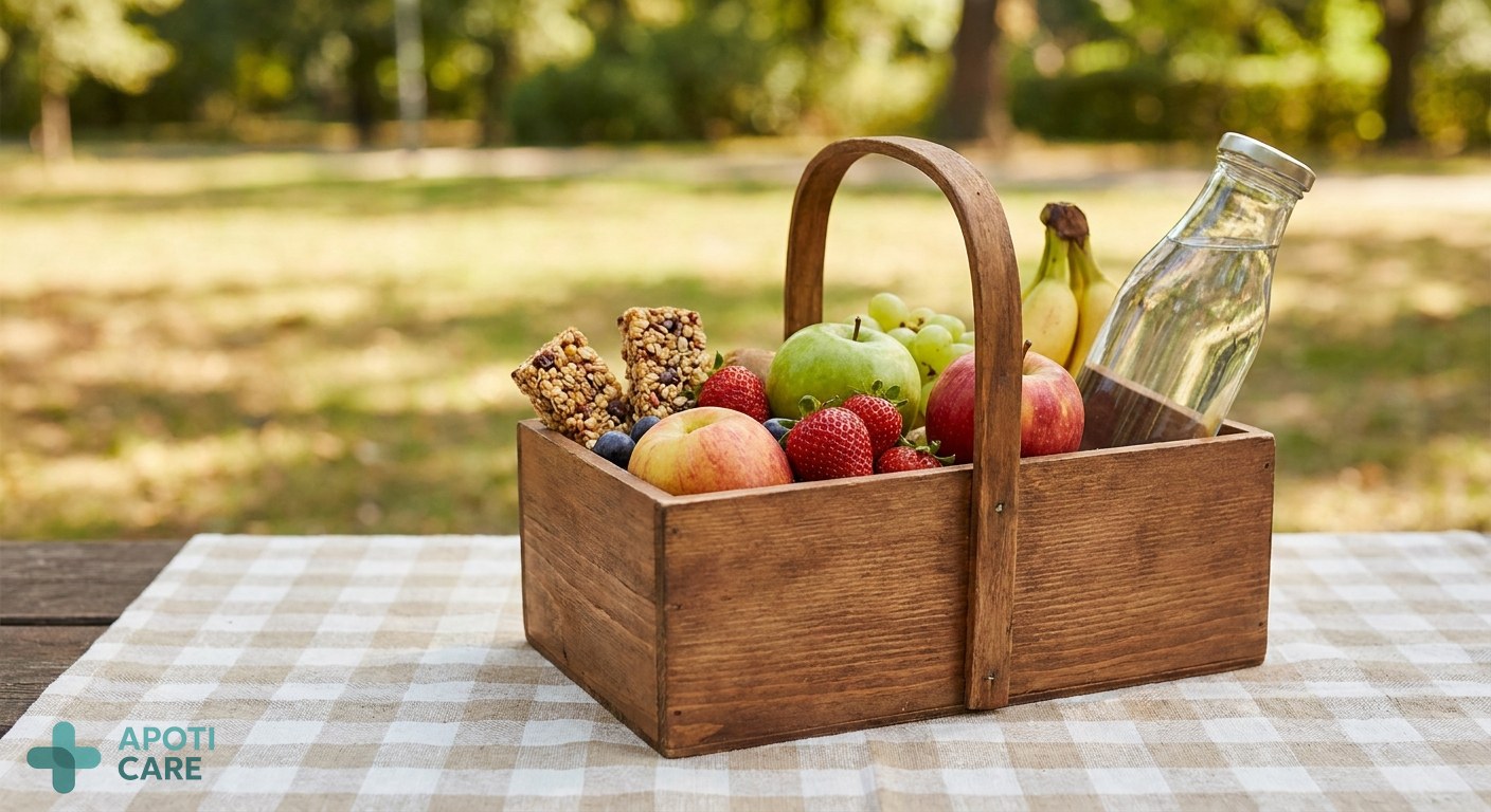 Close up of a wooden picnic basket with healthy food and a bottle of water on a check pattern cloth, sunny outdoor setting