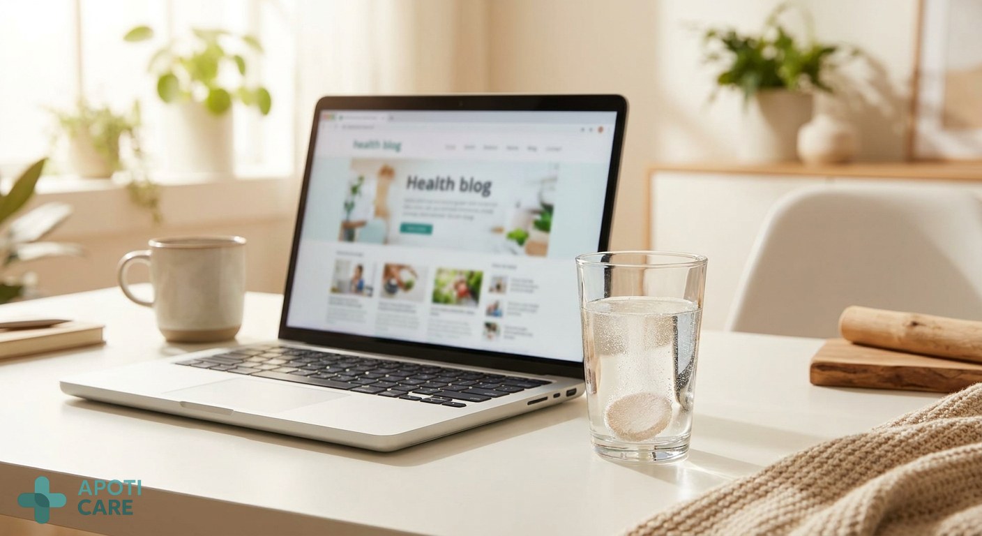 Close-up of a glass of water with electrolytes and a laptop in a bright, modern office setting, signifying focus and hydration.