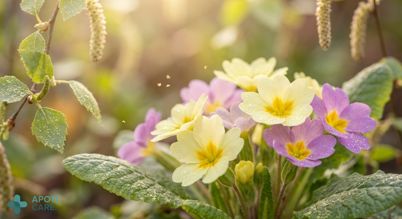 Macro photography of a spring garden with primroses and soft sunlight, highlighting the beauty and potential allergens of the season.