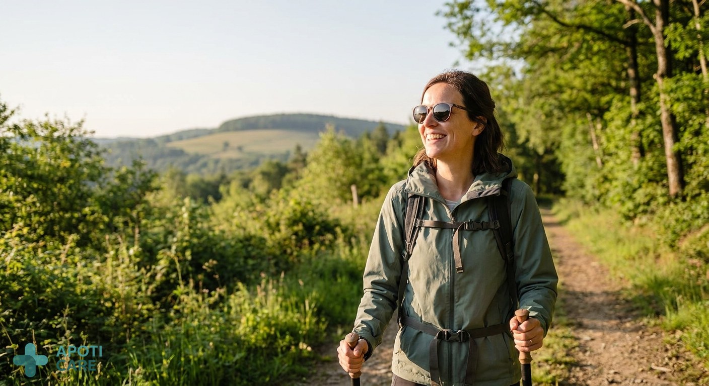 A professional 35-year-old person hiking in nature, wearing sunglasses, looking relaxed but energized, spring light, realistic photography