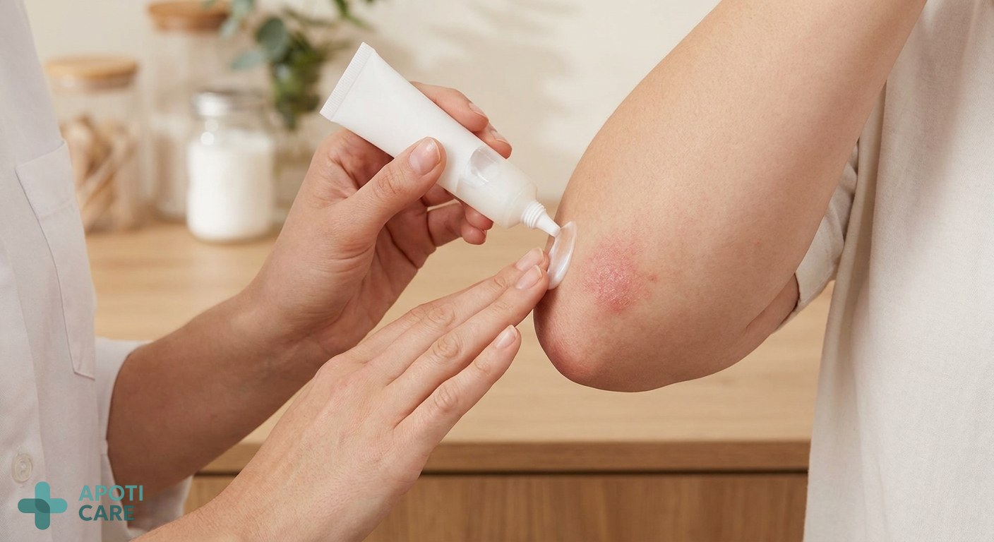 Close-up of a person's hand applying a soothing cream to a red, irritated patch on the elbow crease, soft natural lighting.