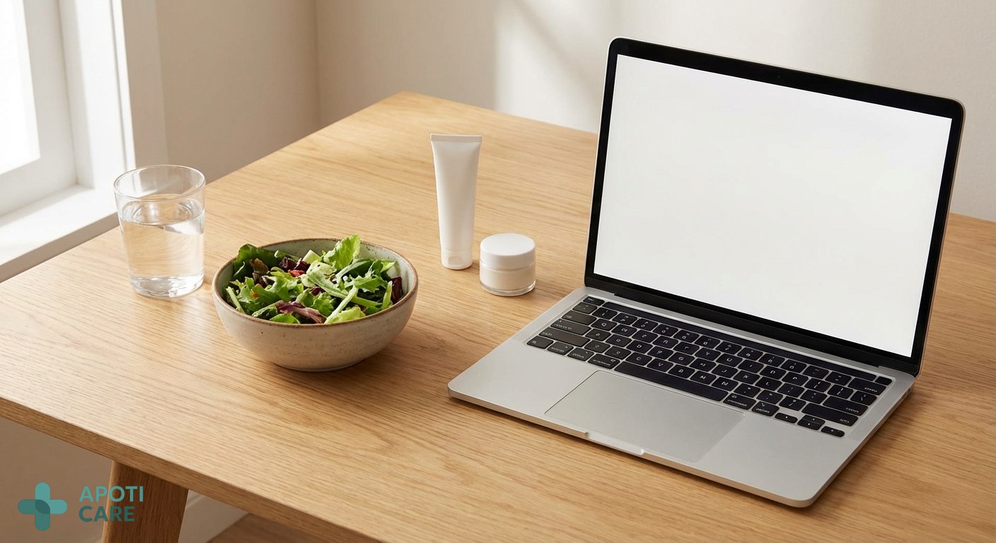 A clean, professional flatlay showing a glass of water, a fresh green salad, and a dermatological cream on a wooden desk next to a laptop.