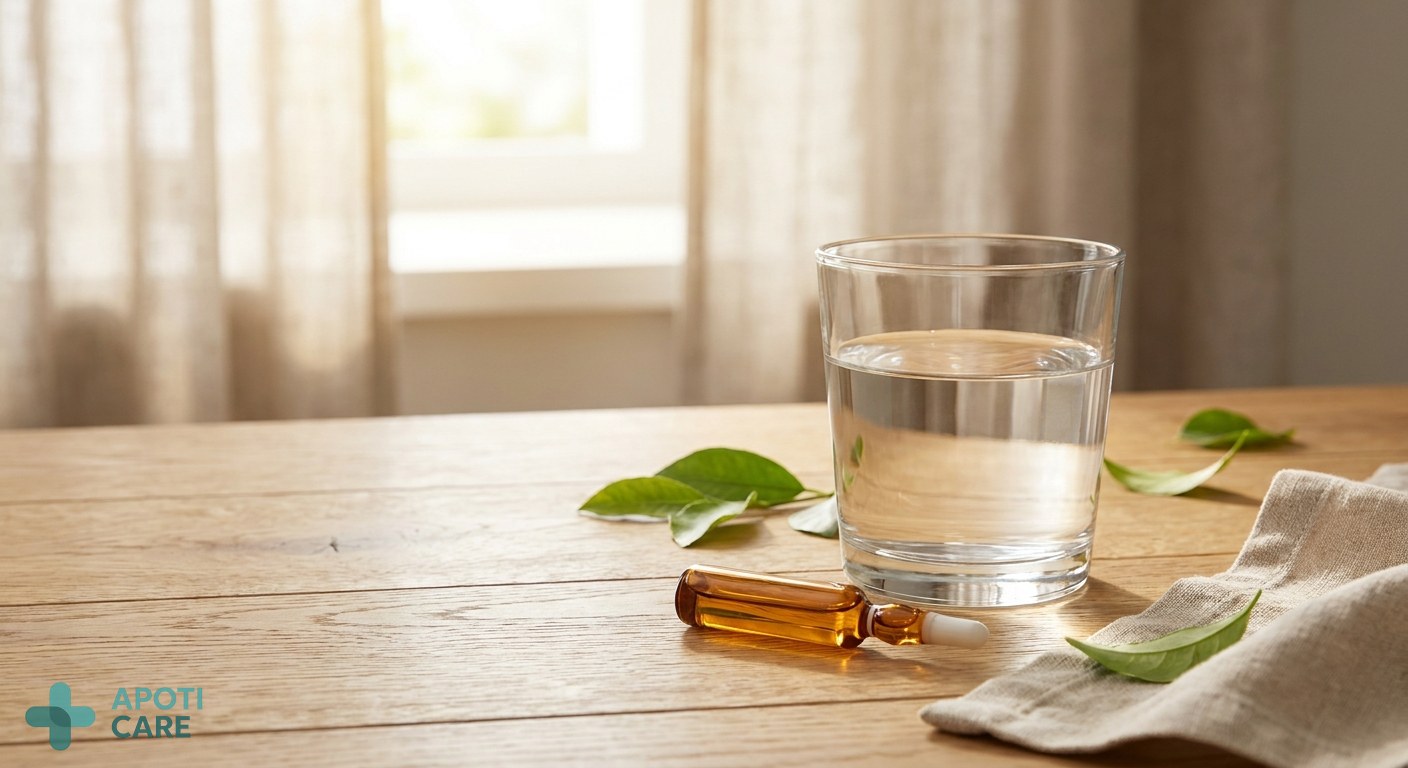 Close-up of a glass of water and a small medicinal ampoule on a wooden table, soft morning sunlight filtering through a window.