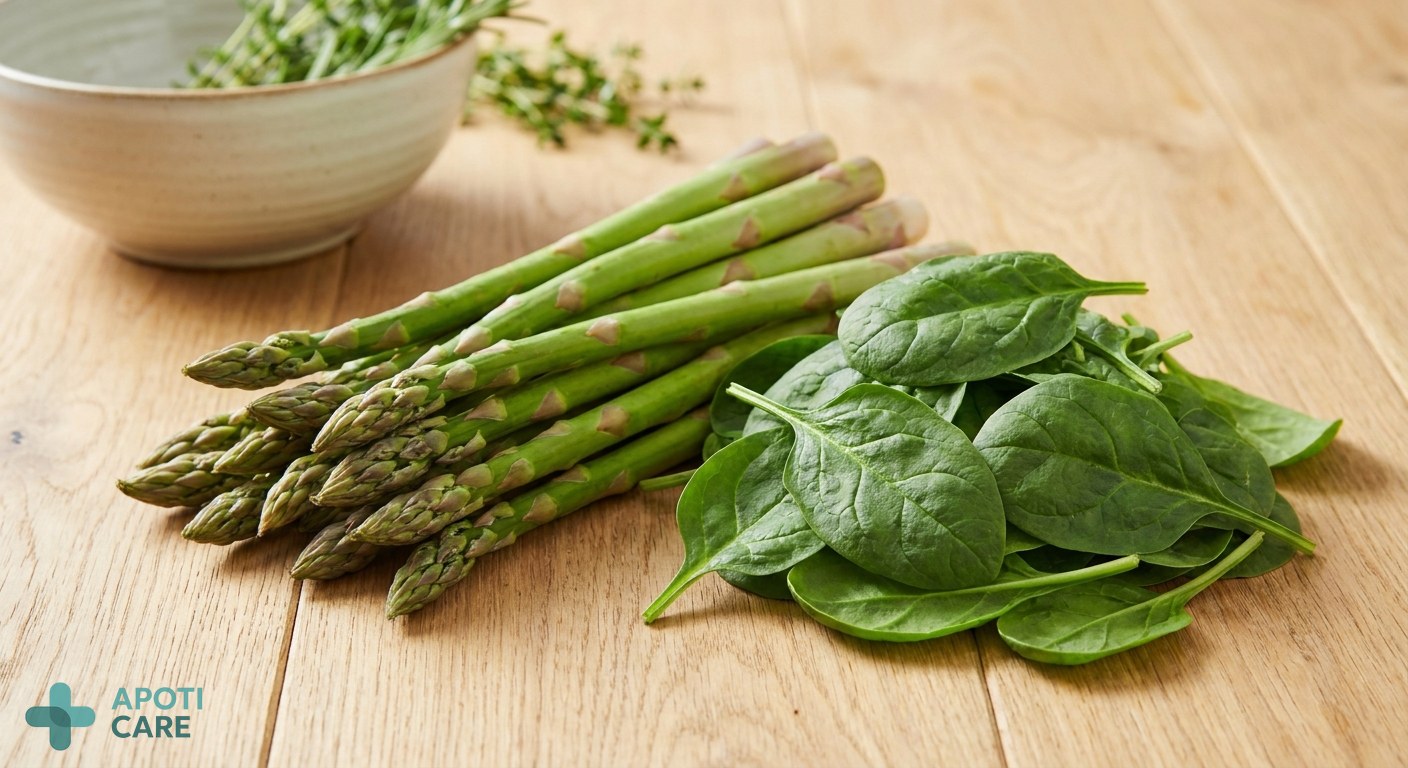 Close-up of fresh spring vegetables like asparagus and spinach on a wooden table, artistic and bright composition.