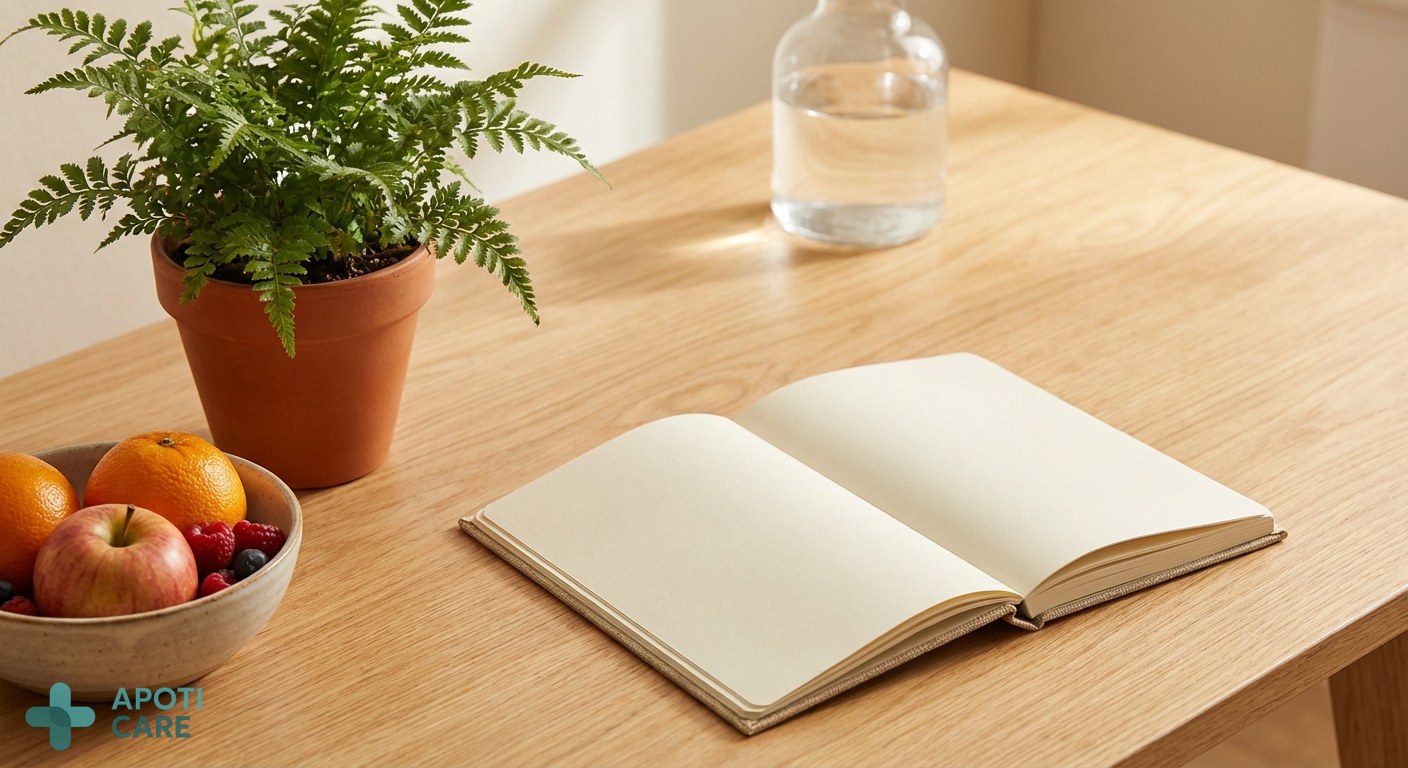 Close-up of a wooden desk with a notebook, a plant, and a bowl of fresh fruits, symbolizing a healthy and organized lifestyle during spring.