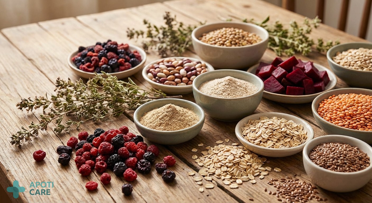 Close up of various colorful dietary fibers, beet roots, whole grains, and legumes arranged aesthetically on a wooden table, realistic photography style