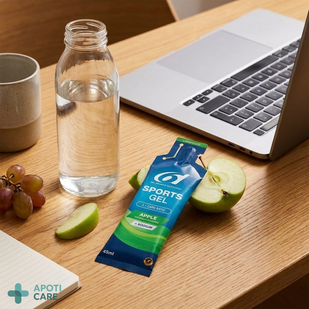 Close-up of a clear water bottle and some fresh fruits on a desk next to a laptop, illustrating healthy productivity.