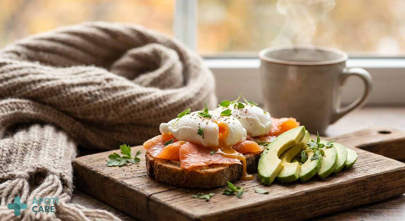 Close-up of a healthy breakfast with salmon, eggs, and avocado on a wooden table, warm autumn atmosphere with a soft scarf in the background.