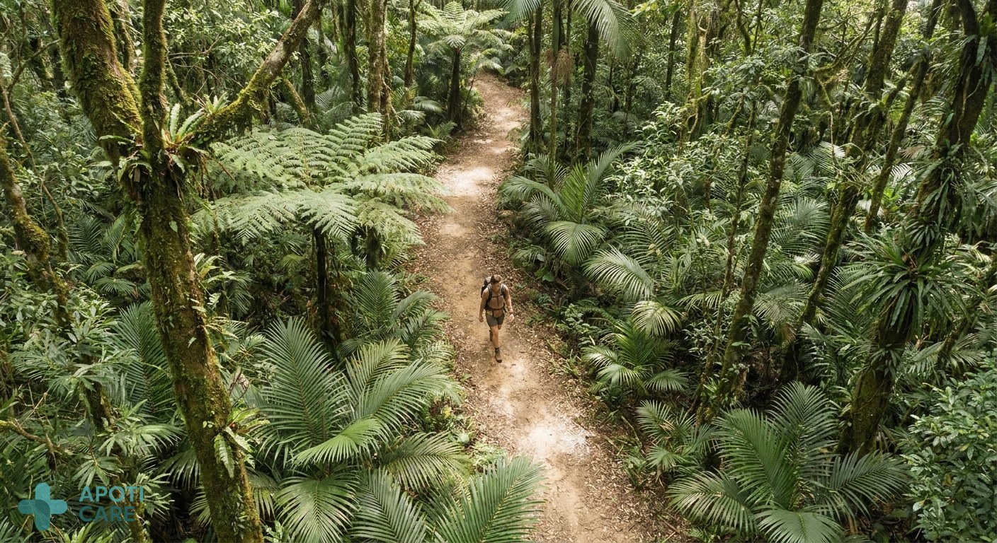 An aerial view of a person hiking through a lush, green tropical forest path, realistic photography, soft natural lighting