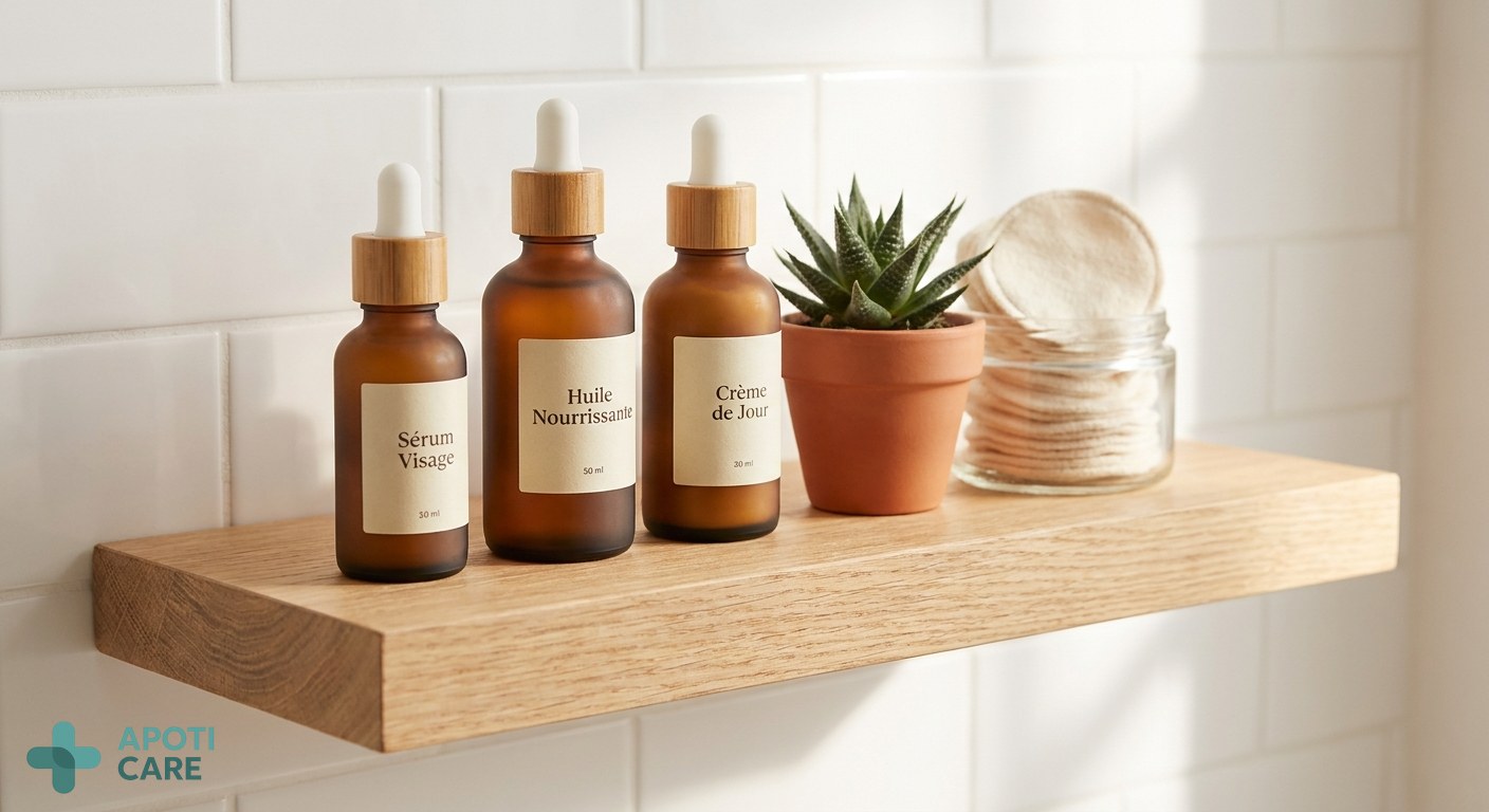 Close-up of a wooden bathroom shelf with a few high-quality skincare bottles, a small green plant, and a reusable cotton pad, symbolizing a minimal and eco-friendly pharmacy cabinet.