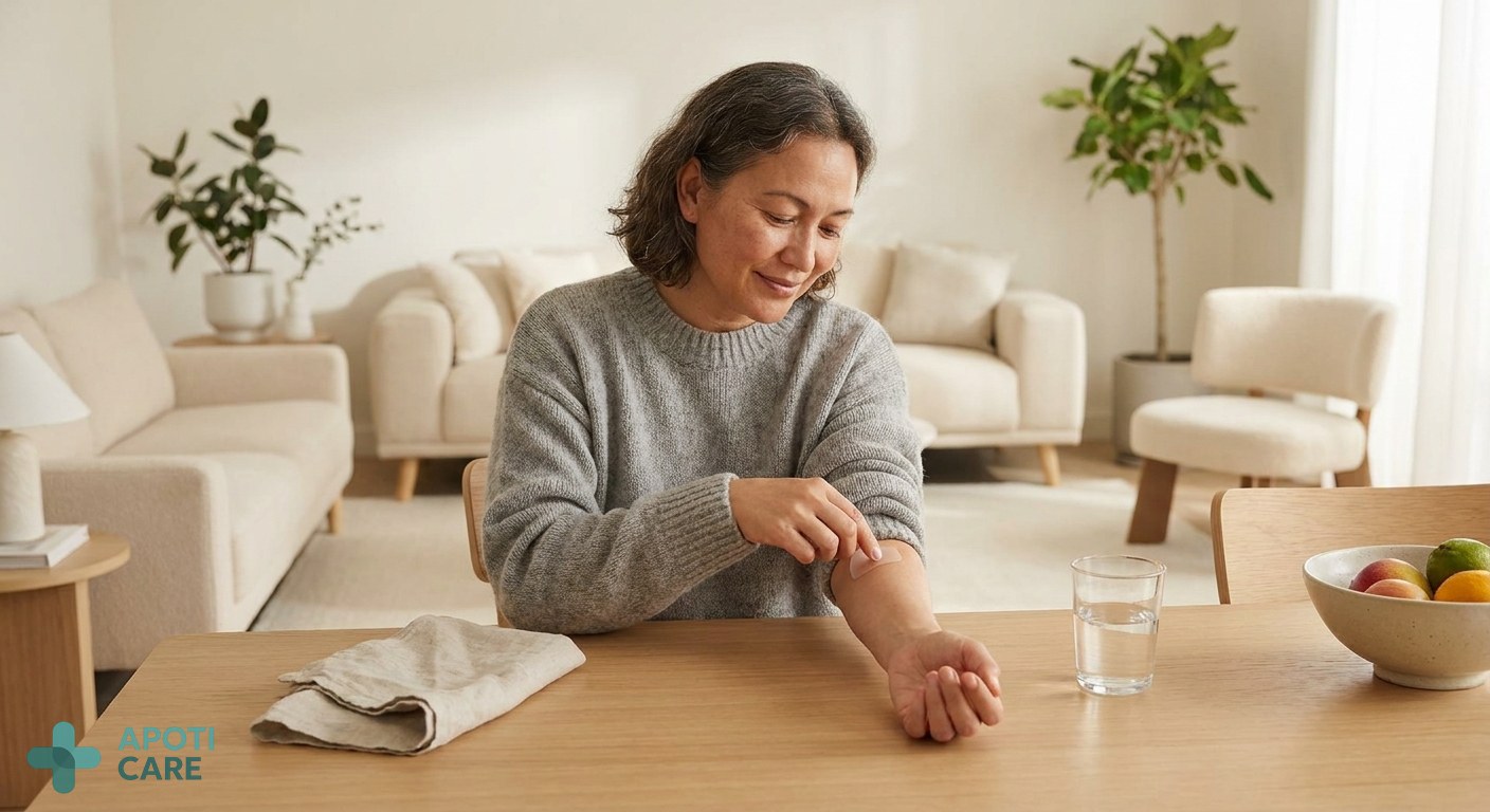 A person at home in a serene environment, focusing on self-care, applying a small skin patch, neutral colors, minimalist decor, professional aesthetic