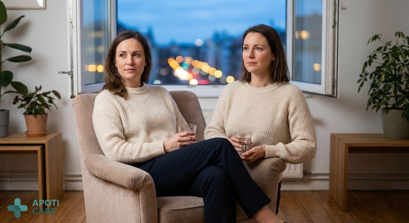 A person in their 30s sitting quietly by an open window at dusk, looking calm, holding a glass of water, city lights blurred in the background, professional lifestyle setting