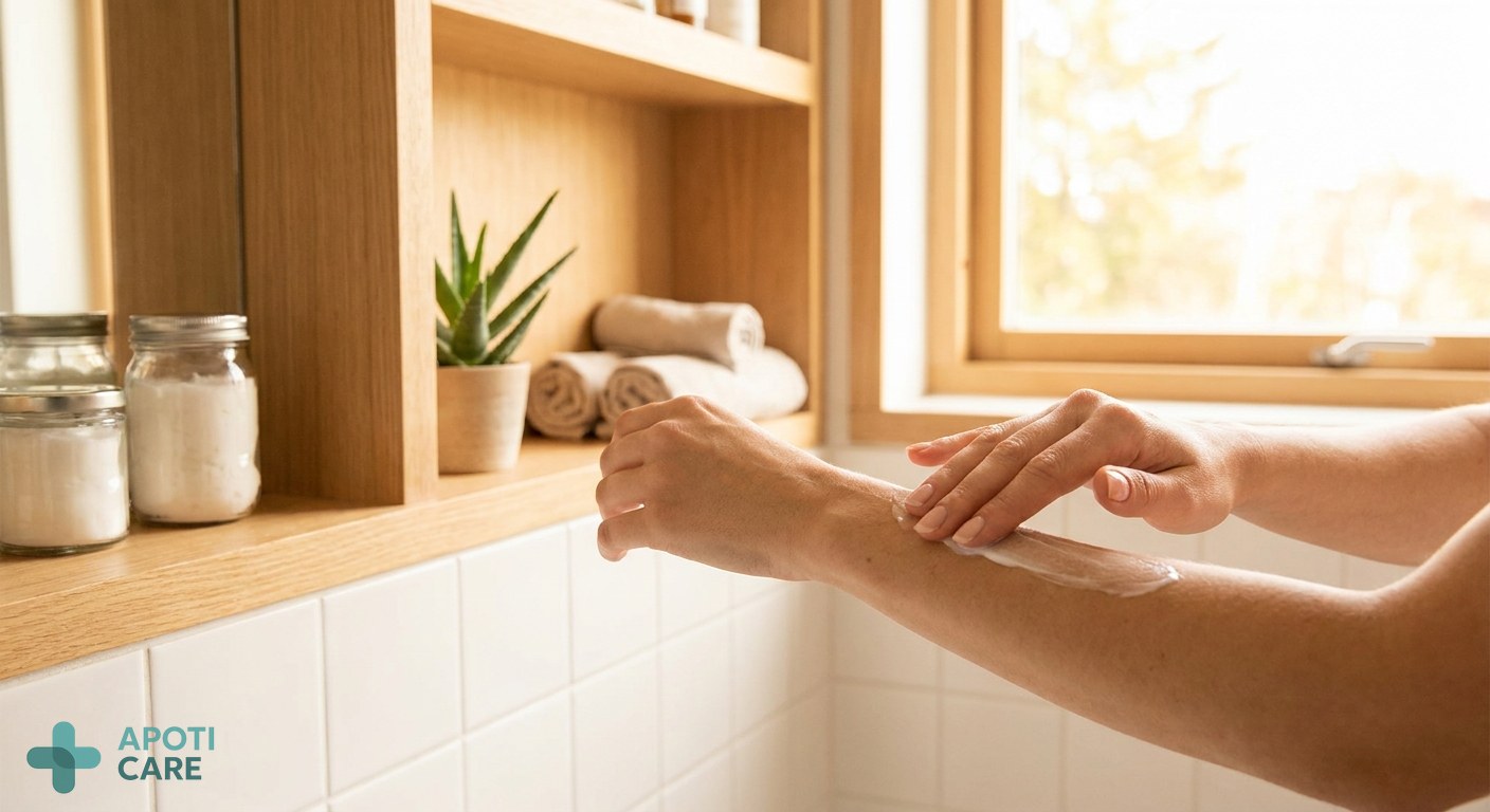 Close up of a person's hands applying a light cream to an arm in a bright, sun-drenched bathroom with natural wood accents, high-end spa atmosphere