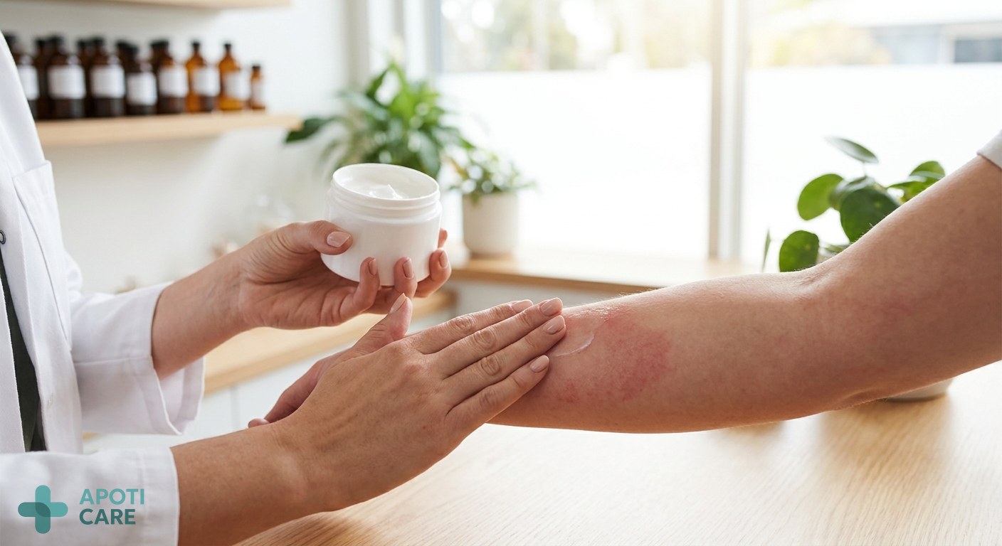 Close-up of a person's hands applying a soothing cream to an irritated patch of skin on the forearm, soft natural light, professional medical aesthetic.