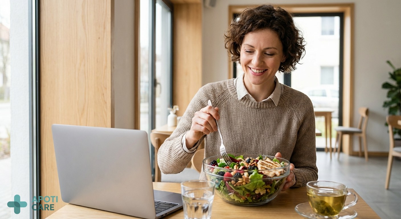 A professional person in their 30s having a healthy lunch break, with a laptop nearby but focused on a colorful salad, symbolizing a balanced lifestyle.