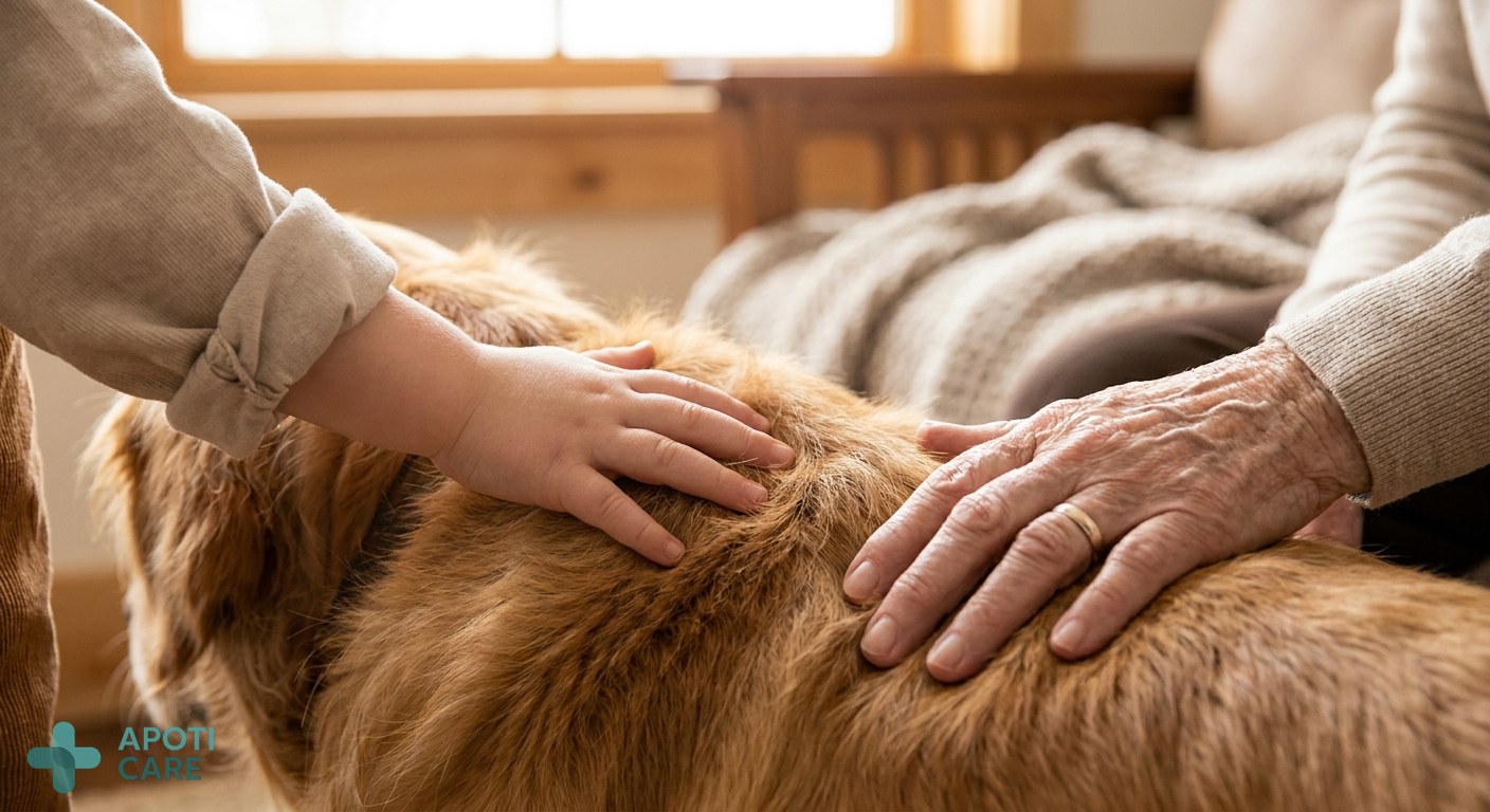 Close-up of a child's hand and an elderly hand both resting on a dog's back, symbolizing intergenerational connection and pet therapy.