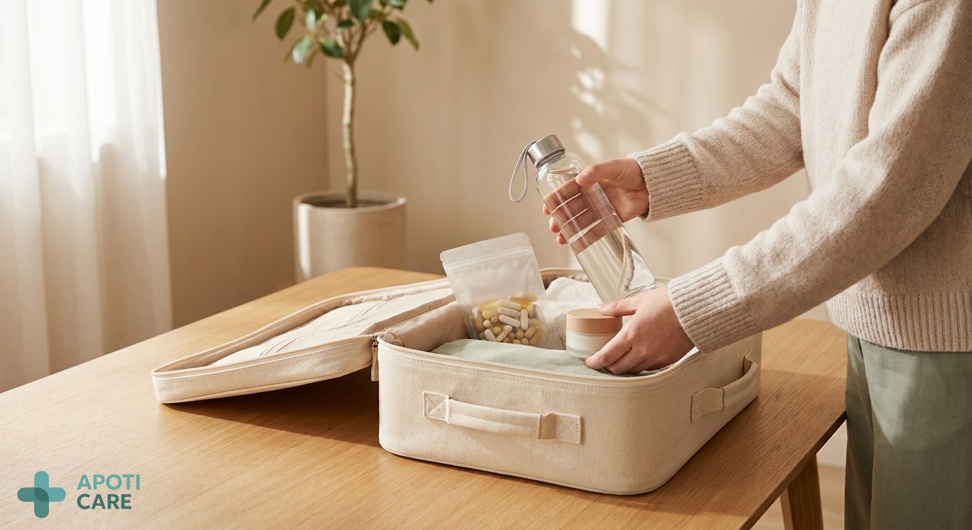 A person packing a suitcase for a return trip, with a focus on healthy essentials and a reusable water bottle, aesthetic and minimalist style.