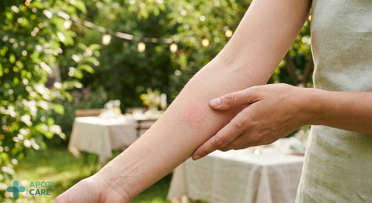 Close-up photography of a person's arm showing a mild red skin irritation, with a background suggestive of a summer garden party.