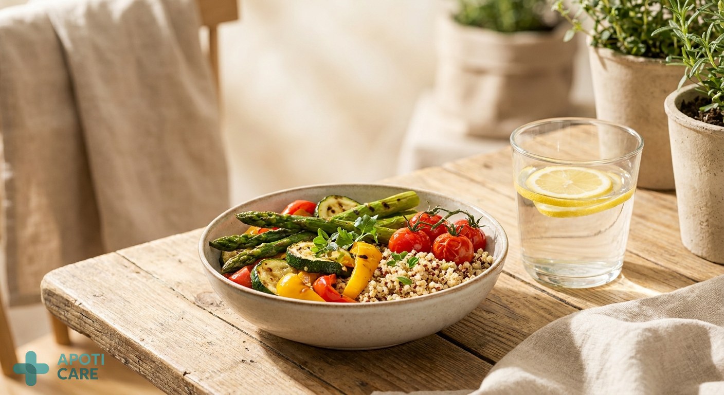 Close-up of a healthy, light summer meal with grilled vegetables and quinoa, a glass of water with lemon slices, on a wooden table with soft sunlight.