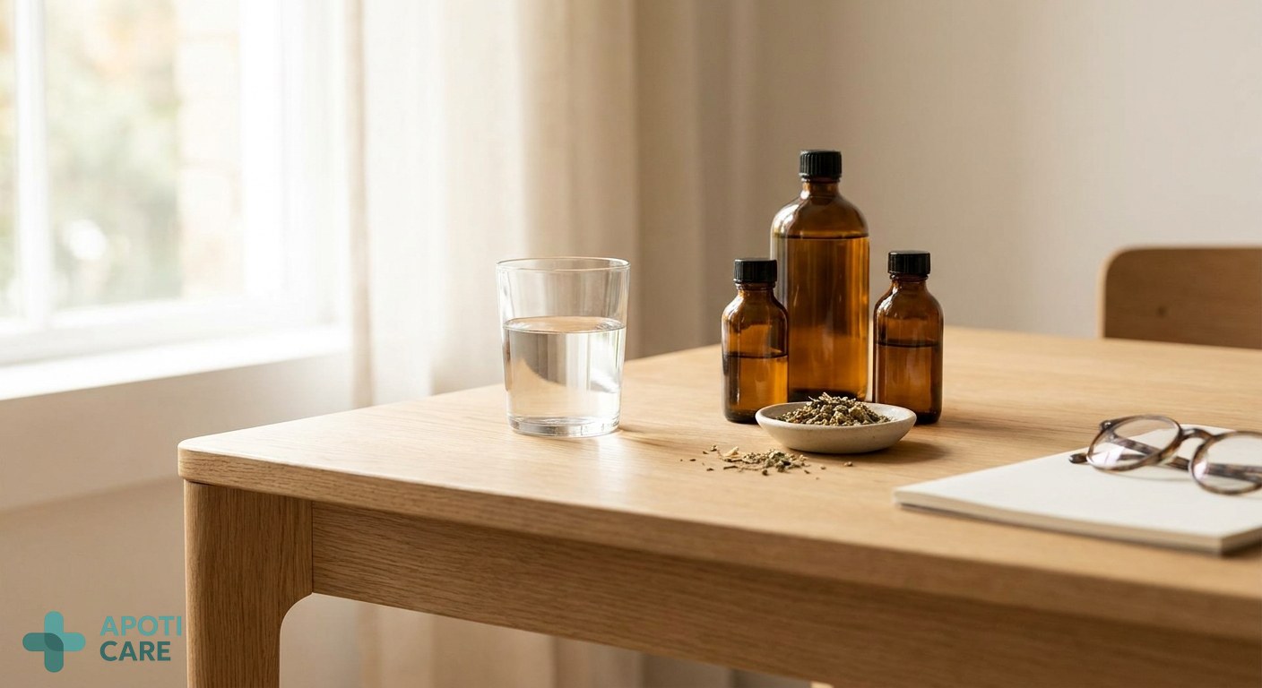 Close-up of a glass of water and some herbal supplements on a clean wooden desk, bright morning light, professional atmosphere