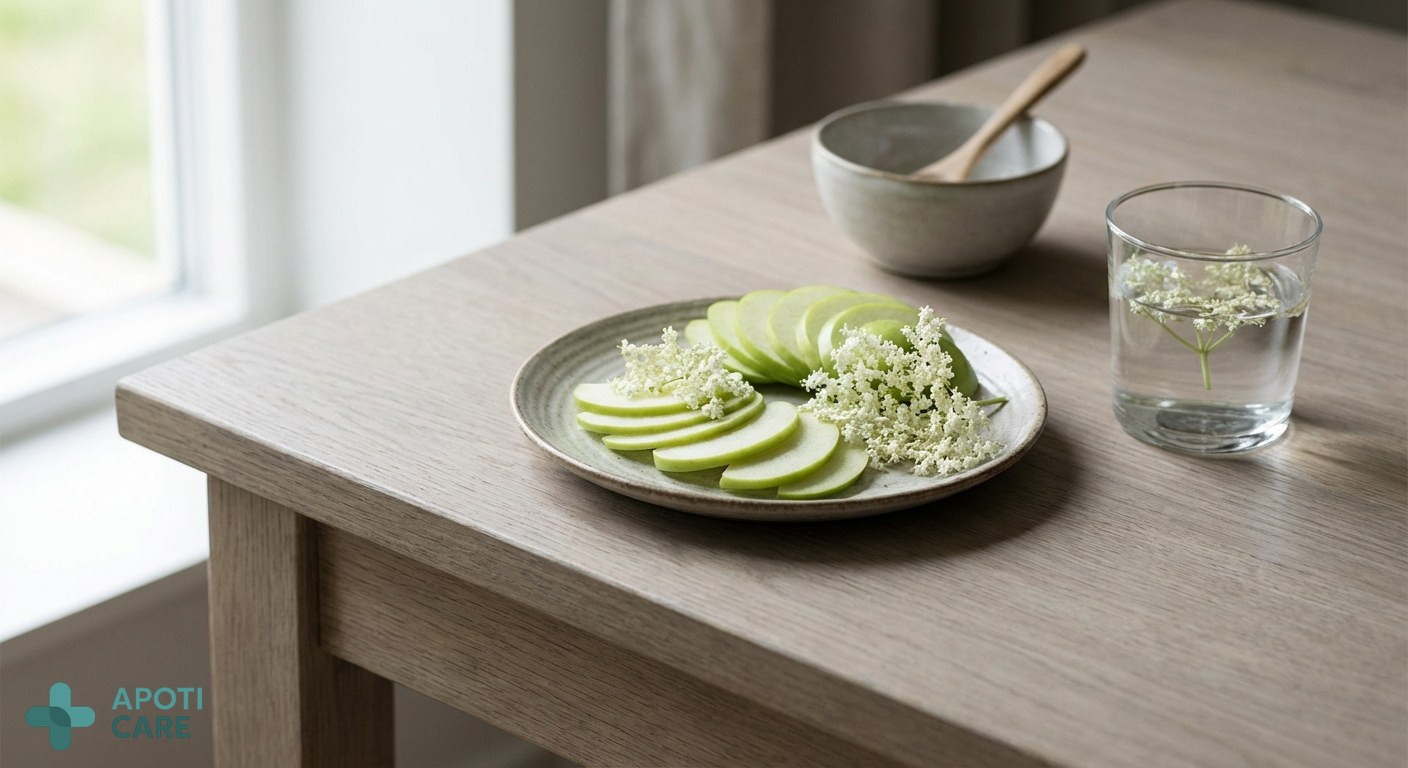 Close up of fresh green apple slices and white elderflowers on a minimalist wooden surface, representing natural purity and freshness, realistic photography