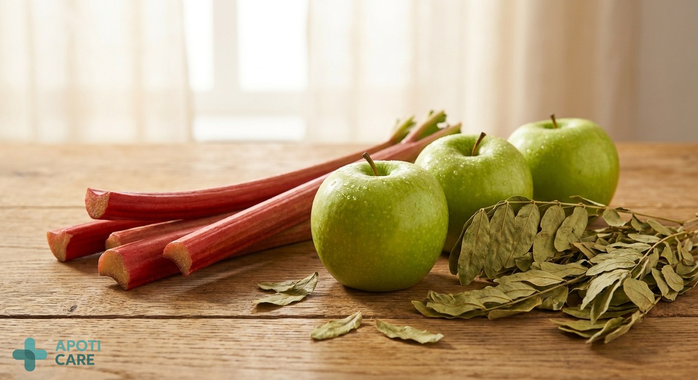 Close-up of fresh green apples, rhubarb stalks, and dried senna leaves arranged artistically on a wooden table, evoke a sense of natural health and botanical expertise.