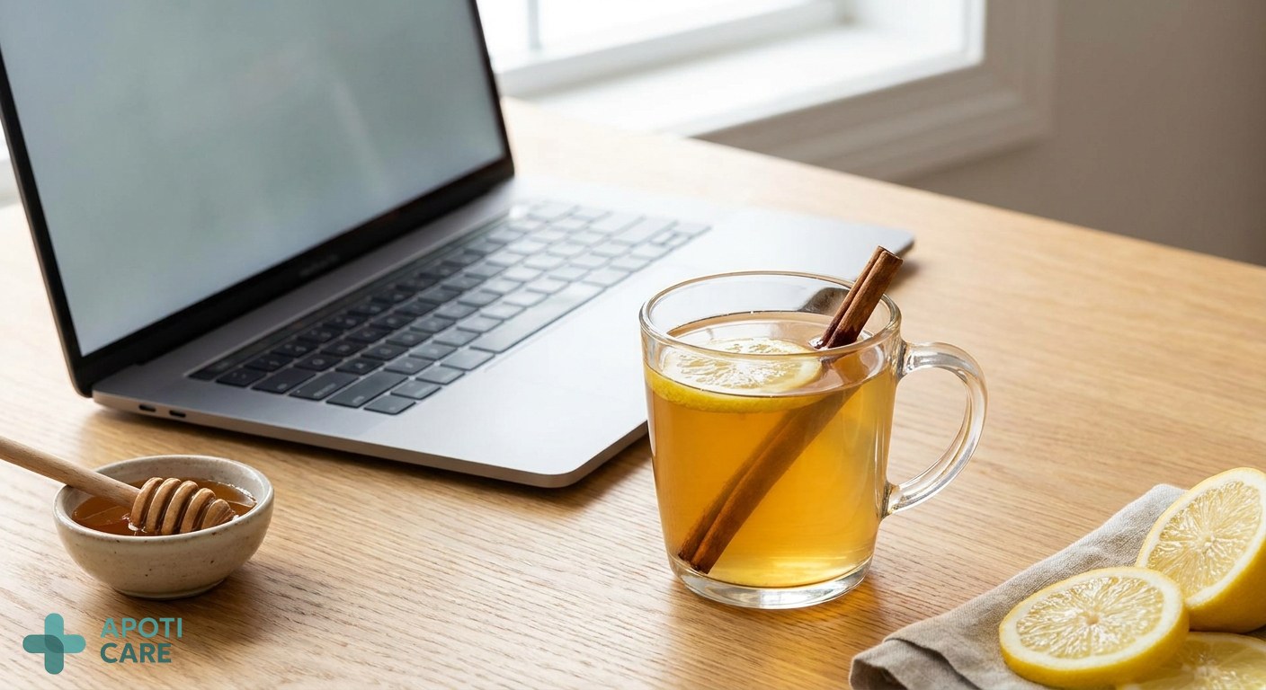 A high-quality close-up of a glass of honey and lemon water on a wooden desk next to a laptop, symbolizing health maintenance in a professional environment.