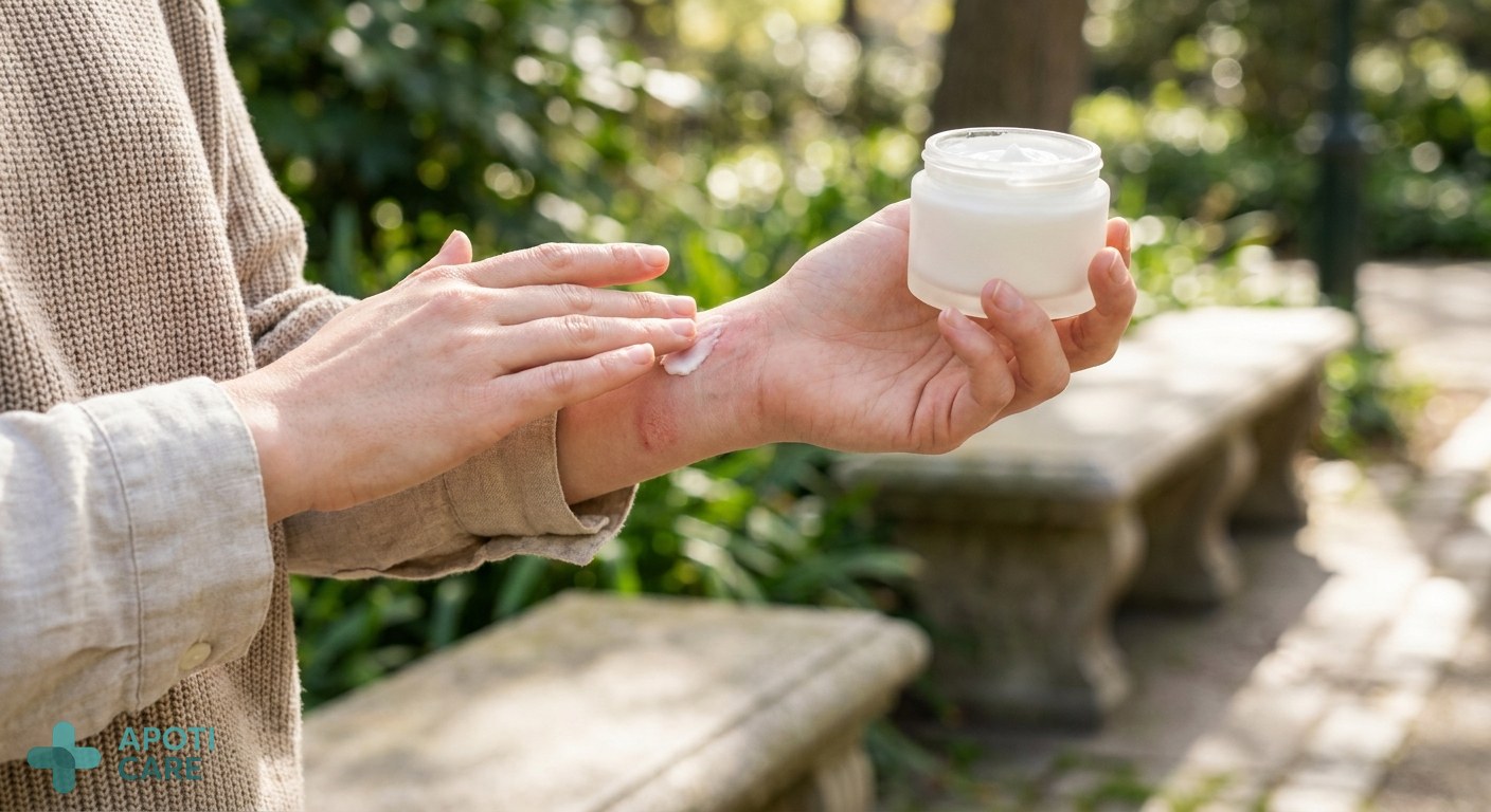 Close-up of a person's hands applying a soothing cream to a slightly red patch of skin on their forearm, outdoors in a park