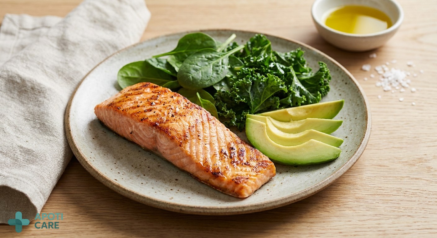 A close-up, high-quality photo of a healthy balanced meal including grilled salmon, avocados, and leafy greens on a ceramic plate, soft natural lighting.