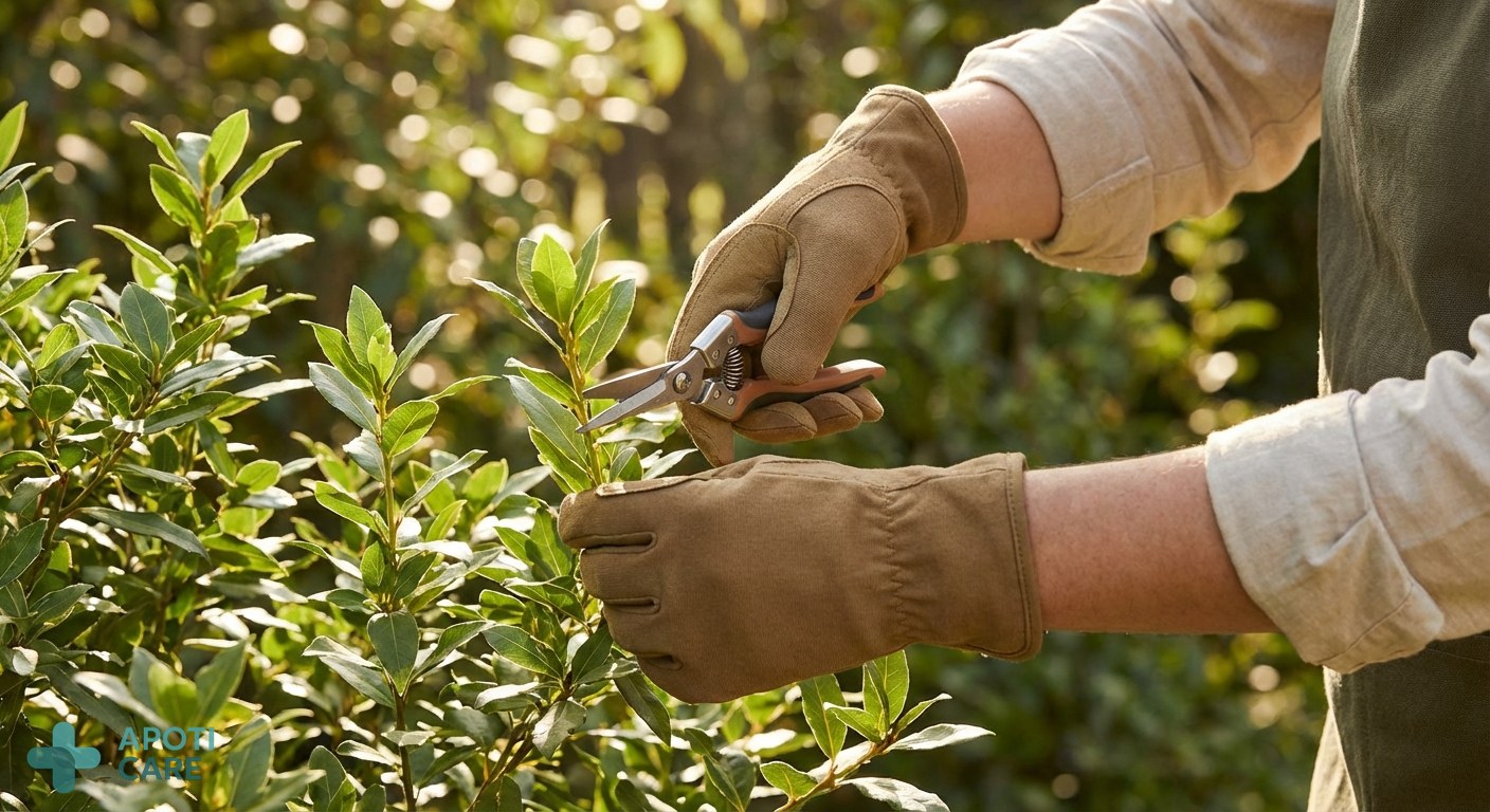 Close-up of steady hands carefully pruning a small plant in a garden, sunlight filtering through green leaves, emphasizing precision and manual dexterity, high-quality professional photography.