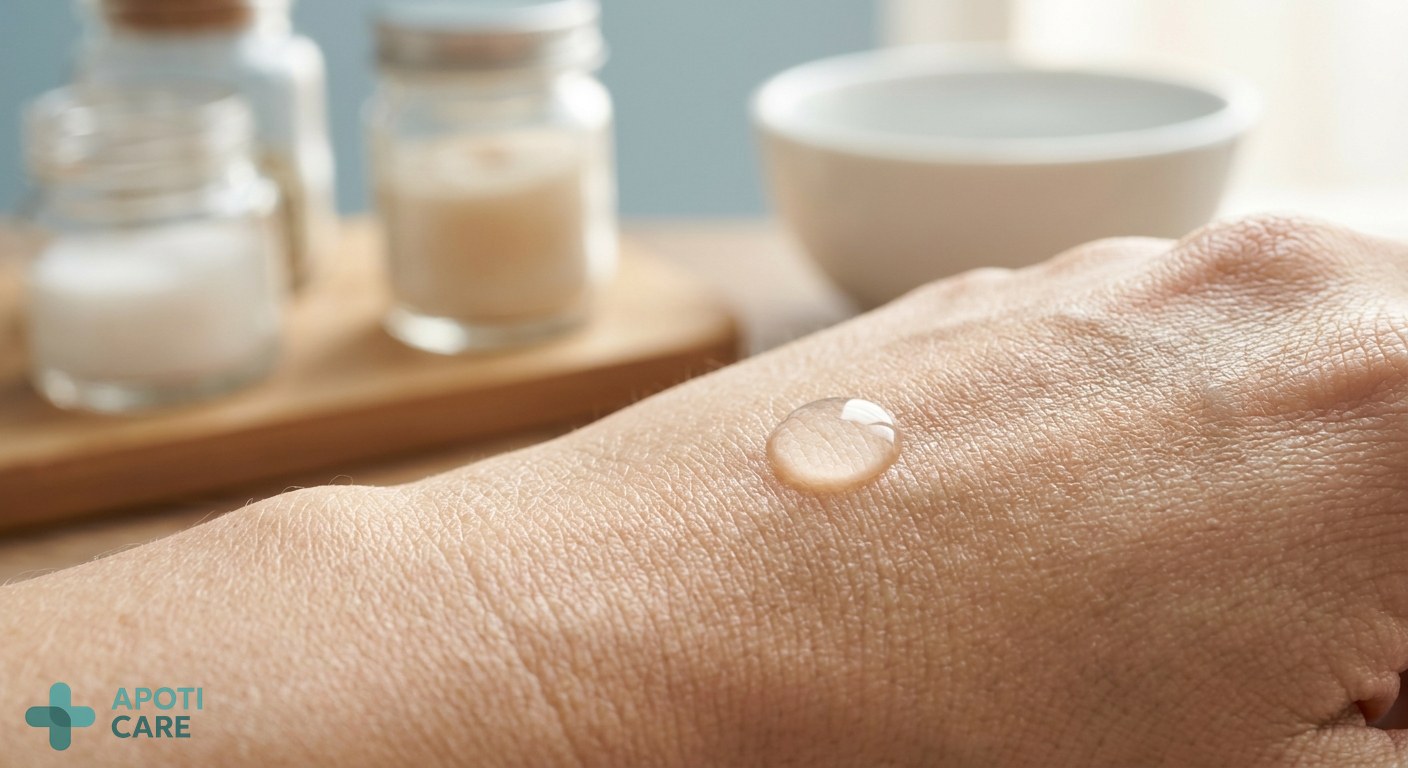 Close-up of healthy skin texture with a drop of water, representing hydration and dermatological health, professional and clean aesthetic.