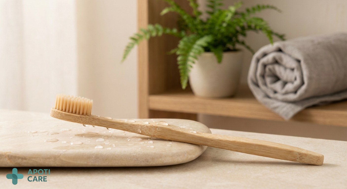 Close-up of a sustainable wooden toothbrush resting on a clean stone surface, water droplets, natural zen atmosphere, realistic photography style